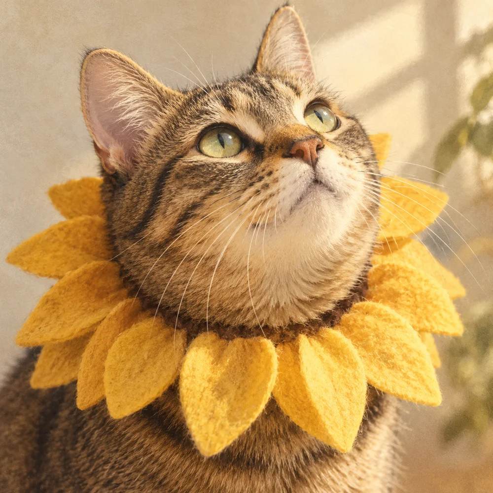 A tabby cat in a yellow sunflower collar, looking toward the sunlight