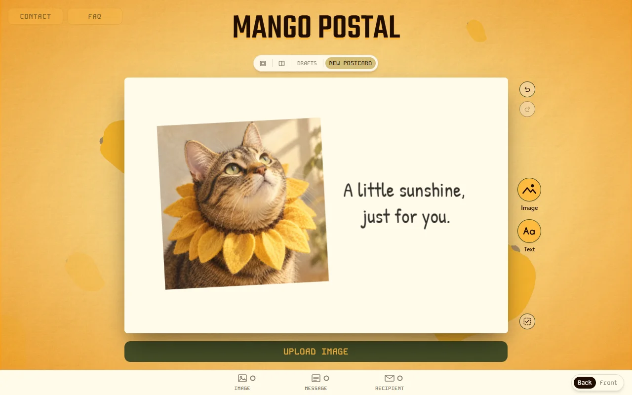 The Mango Postal editor with image, text, layout, and postcard controls